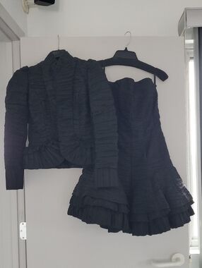 Jessica McClintock Black Strapless Ruffled Dress with Matching Jacket